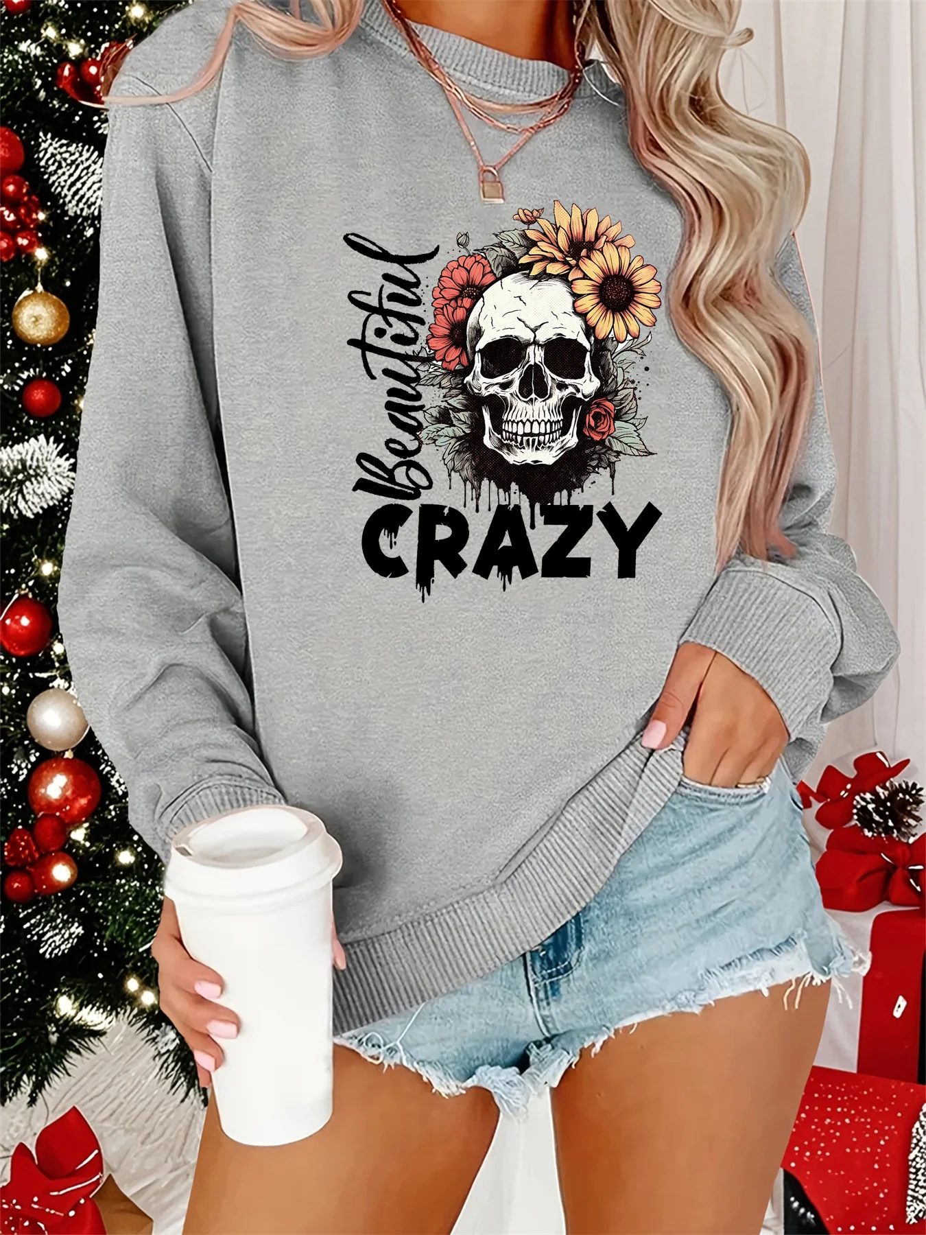 Damski sweter na jesień i zimę, luźny, wygodny, ciepły, z nadrukiem czaszki i liter, okrągły dekolt, długi rękaw.