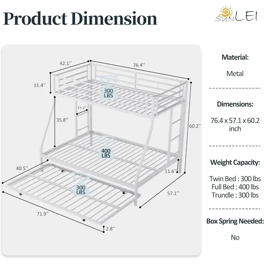

BestsellerSUNLEI Metal Loft Bed with 2 Secured Ladders, Bunk Bed Twin Over Full with Trundle, Trundle Beds Twin Safety Guard, No