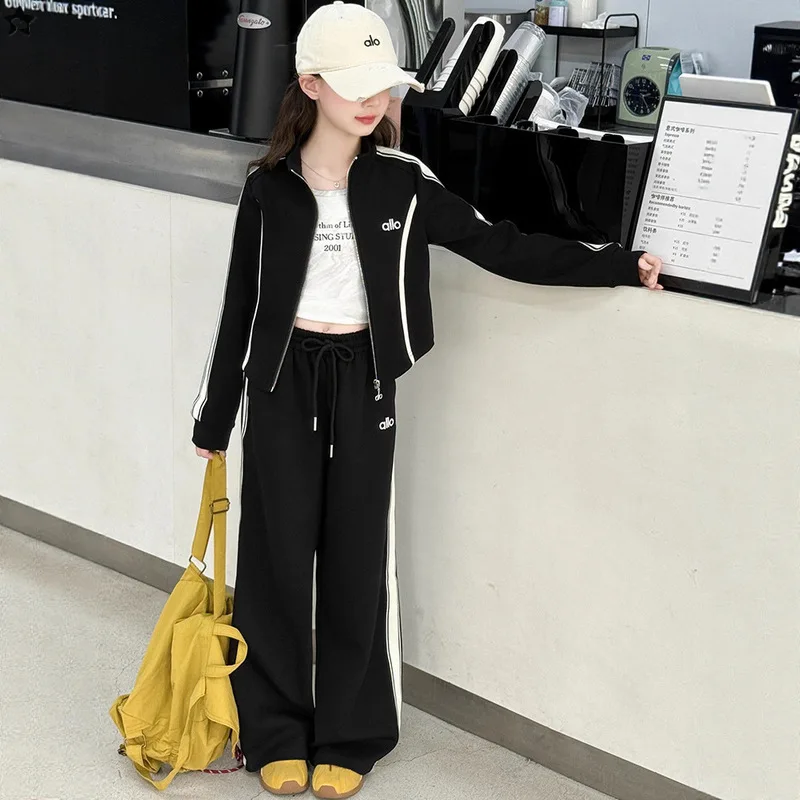 

2025 Spring/Autumn Girls Teenager Tracksuit sport striped zipper Coat Jacket + baseball straight pant 5 6 7 8 9 10 12 14Year