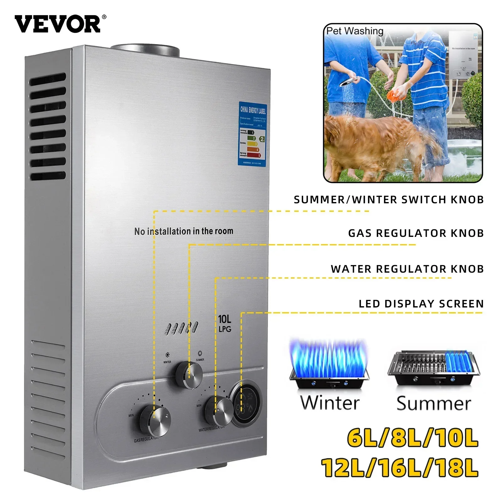 VEVOR 6L 8L 10L 12L 16L 18L LPG Portable Instand Water Heater Propane Gas LPG Wall-Mounted Tankless Water Heater Digital Display