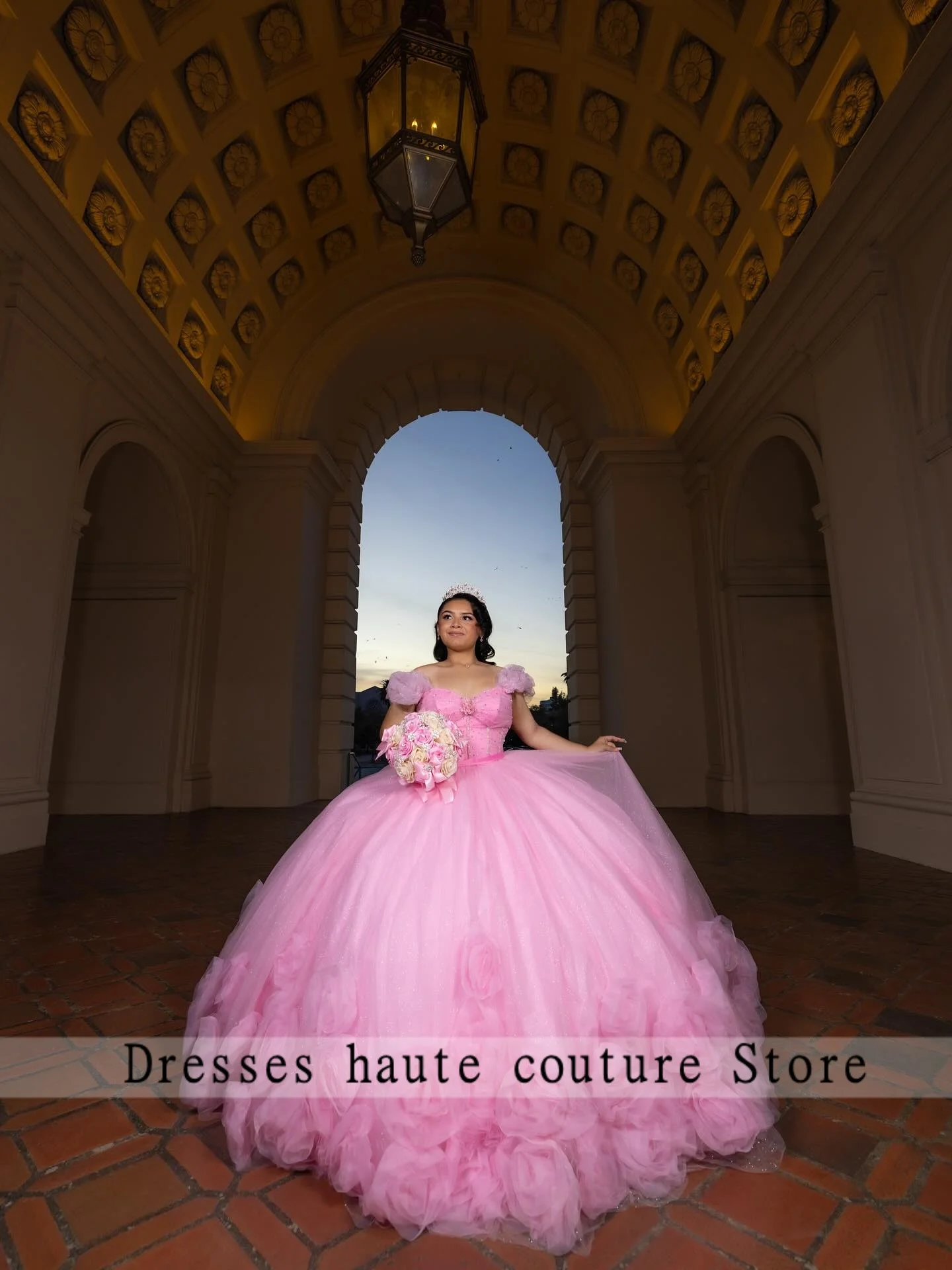 

New Customized Shiny Pink Quinceanera Dress Ball Gown Sequins Lace Applique Beaded Tulle Train Sweet Vestido De Anos