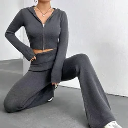 Autumn Winter Streetwear Knitted Two Piece Set Women Zipper Hooded Pit Strip Top Low Waist Bellbottom Long Pants Tracksuits