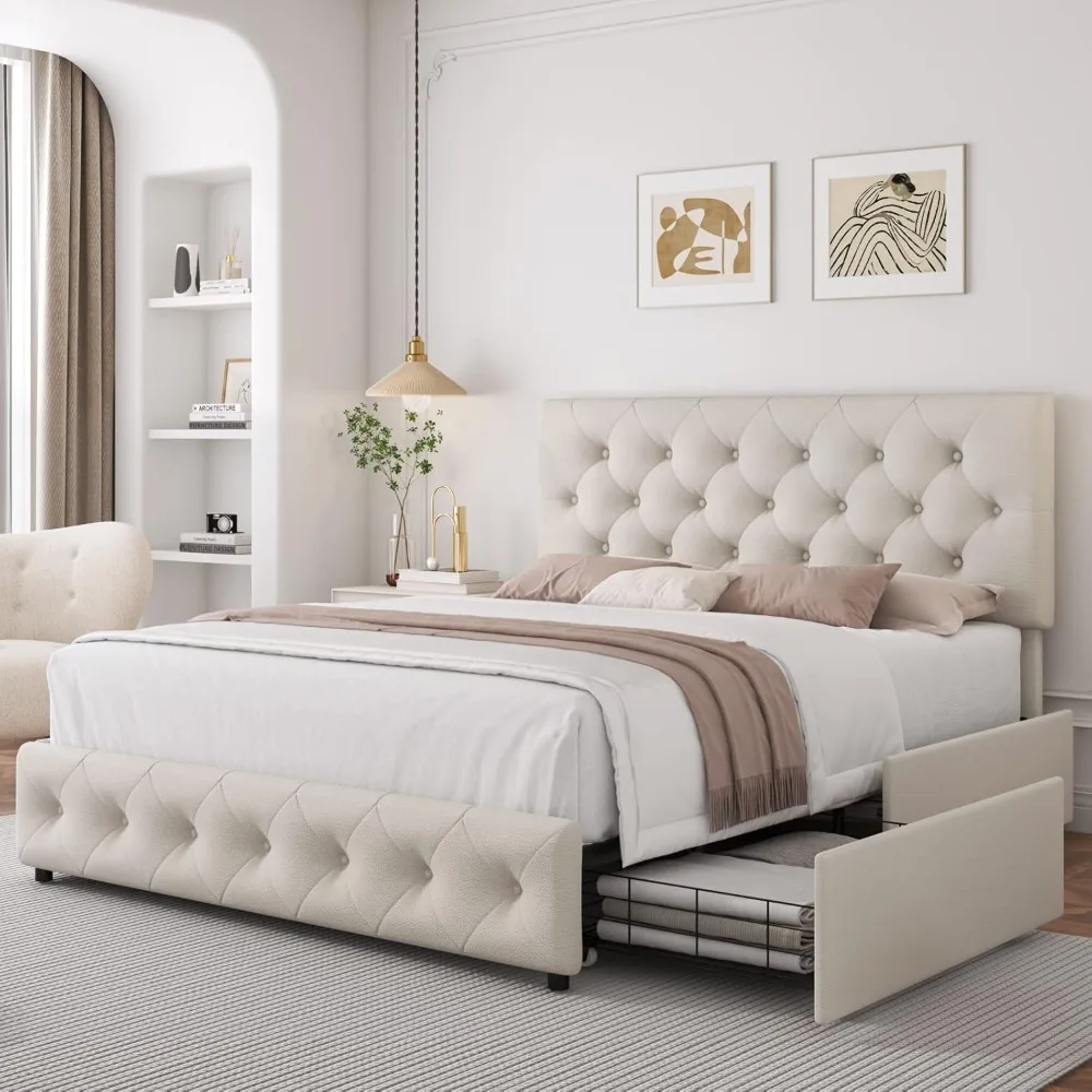 Estrutura de cama queen com 4 gavetas de armazenamento e cabeceira ajustável, cama de plataforma estofada com design capitoné de botão, creme