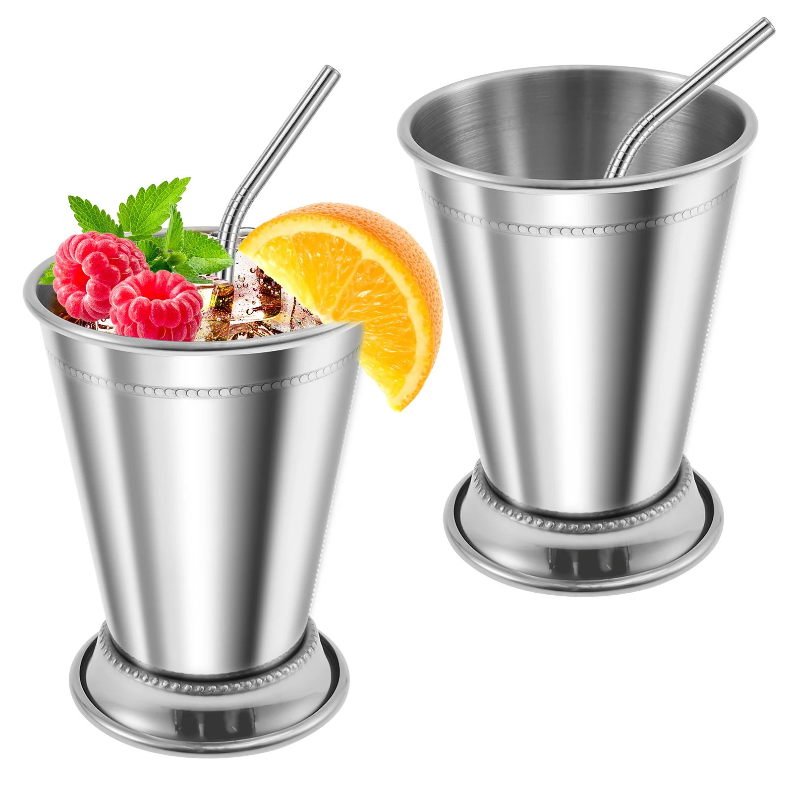 

2 шт. серебряные мятные чашки Julep с изогнутыми соломинками, 12 унций, чашки для питья из нержавеющей стали, металлические коктейльные бокалы для пива, сока, напитка