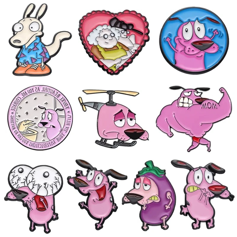 Cute Cartoon Pink Dog Enamel Pins Cowardly Courage Puppy Brooches Lapel Badge Fashion Accessories Gift for Kids Friends