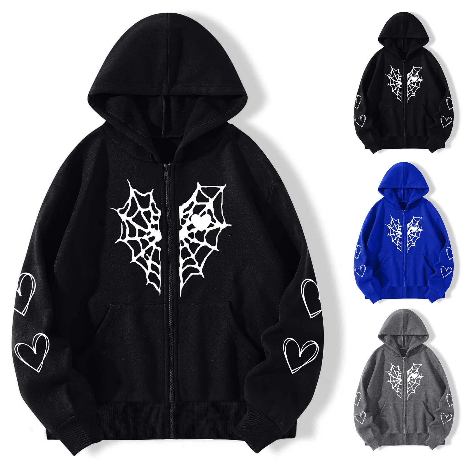 Women Heart Print Gothic Long Sleeve Hoodlies Zipper Thermal Hoodie With Pocket Coat Still Hoodies Women