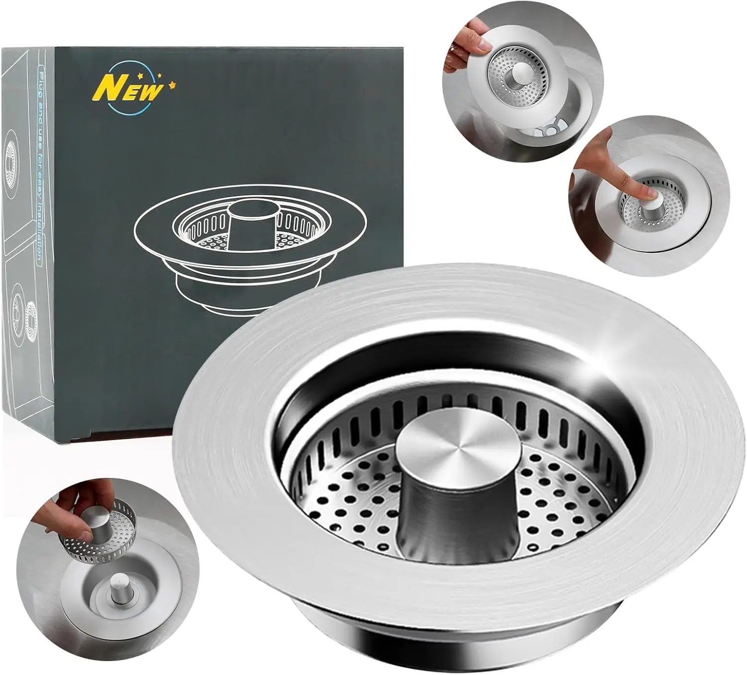 

3-in-1 Stainless Steel Sink Drain Strainer with Pop-Up Stopper, Anti-Odor Seal, Fits 3.5 Inch Holes, Easy Install