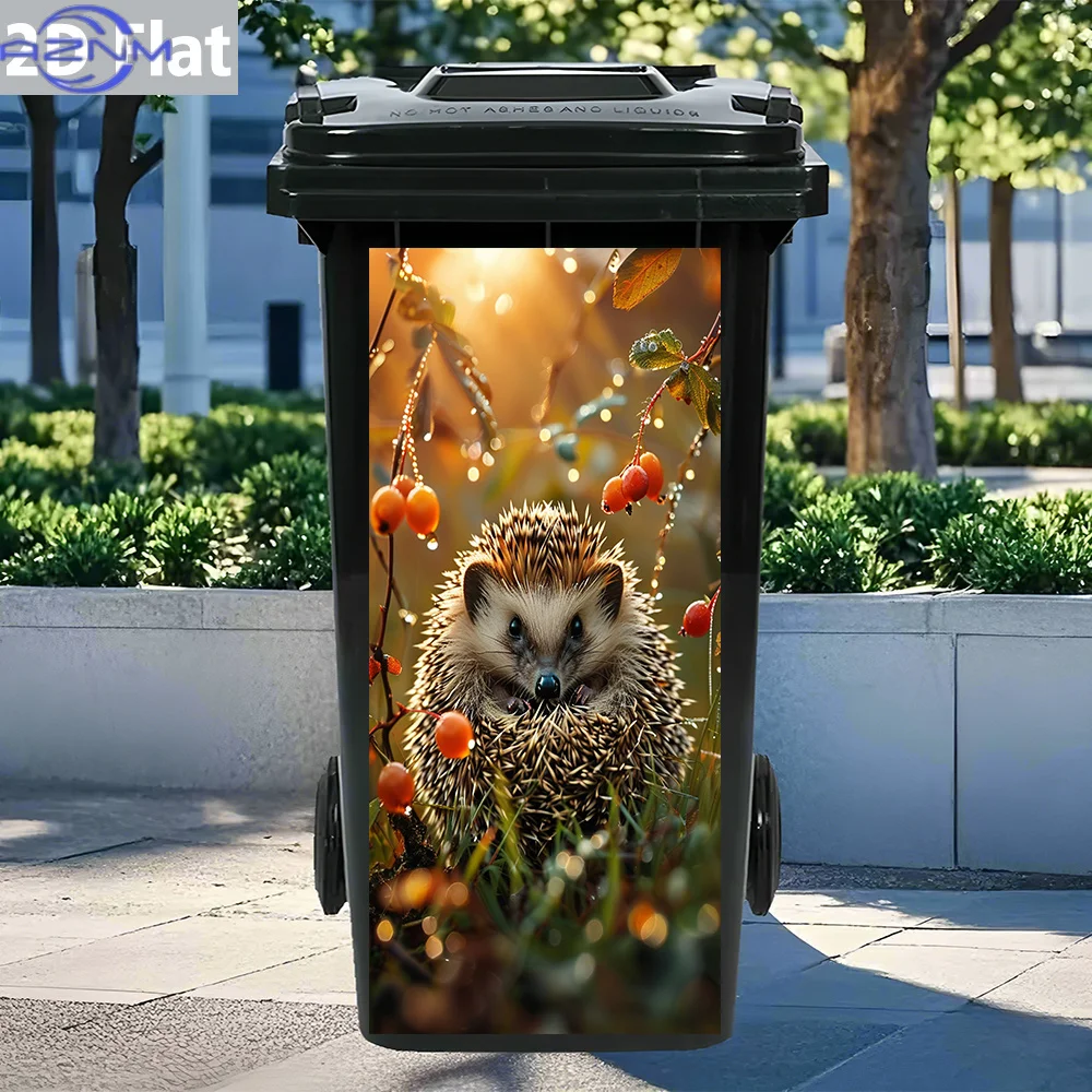 1pc 2D Flat Adorable Autumn Hedgehog & Orange Berry with Dew Art Self-Adhesive Waterproof PVC Trash Can Sticker, Easy Remove D