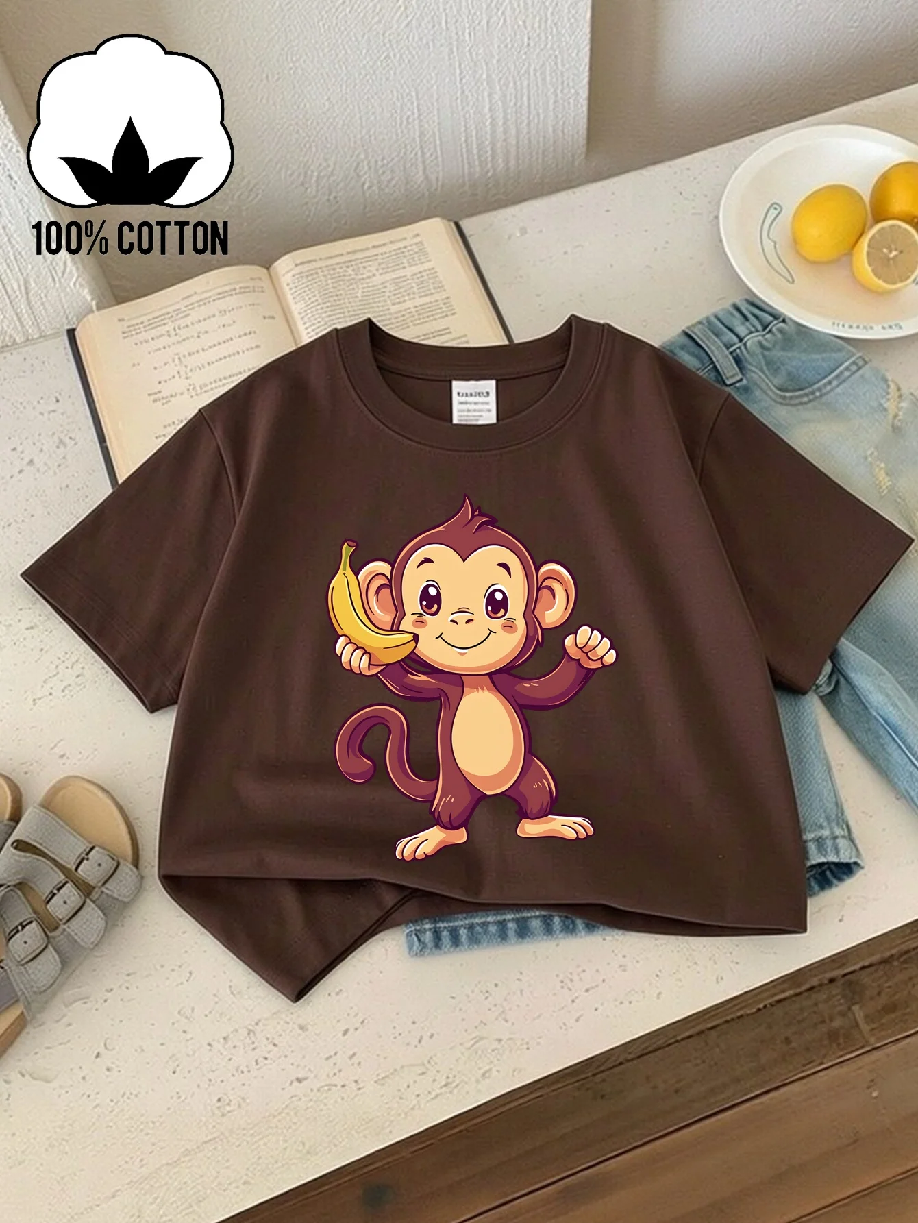 Cute Monkey Holding Banana Smiling Face Pattern Printed Round Neck Children's T-shirt Soft  Top Breathable Parent-child Outfit