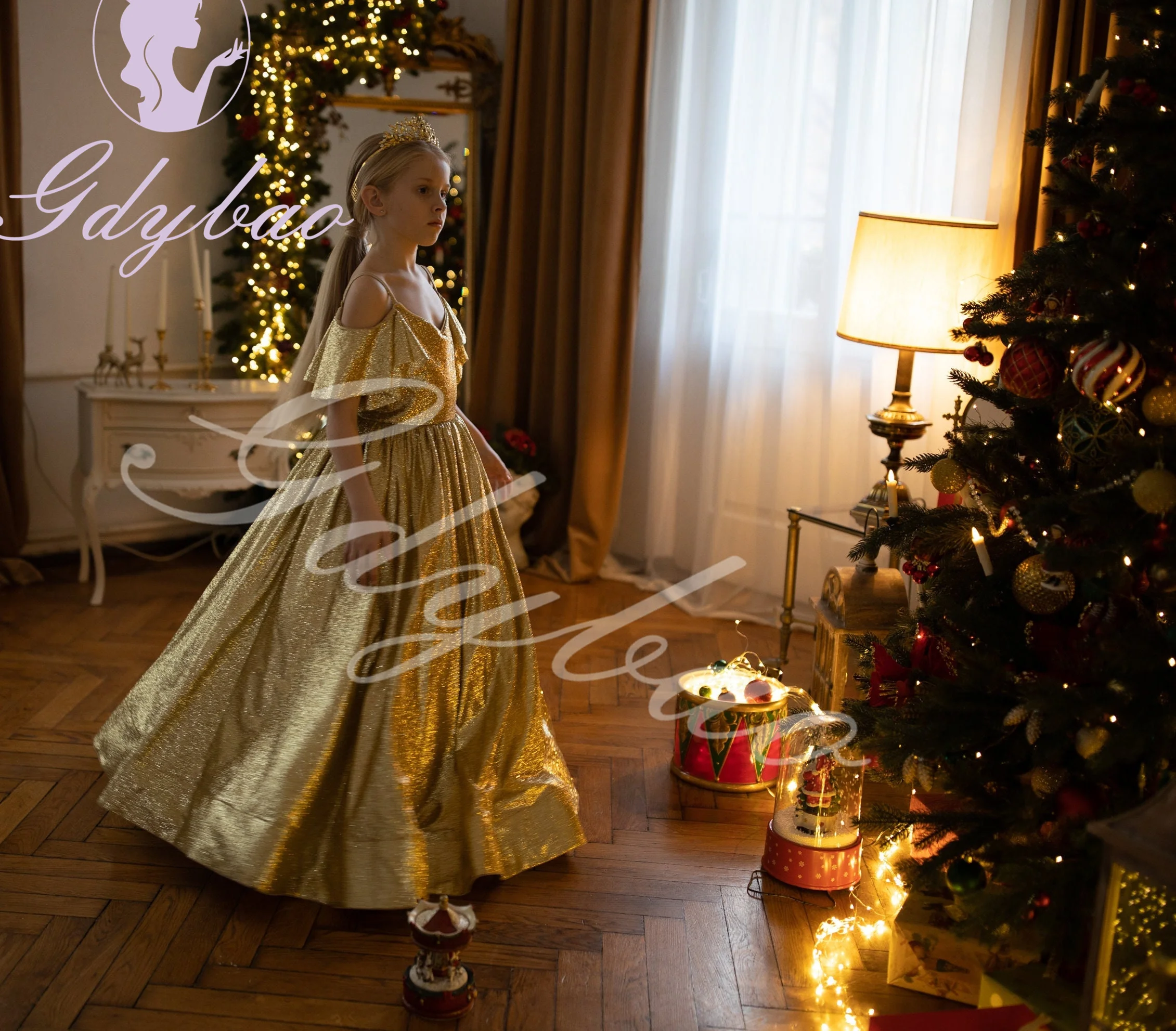 Abito da ragazza di fiore dorato per matrimonio Abito natalizio lungo fino al pavimento per fotografia Abito da prima comunione per festa di compleanno per bambini principessa