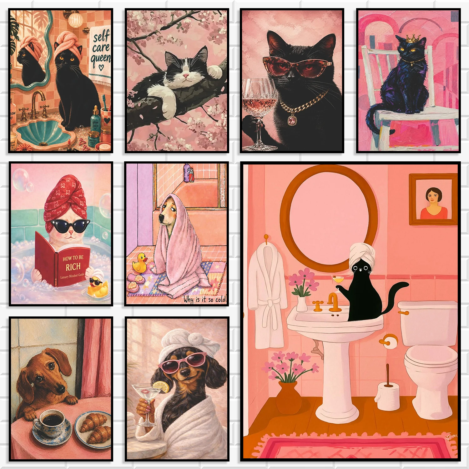Aesthetic Cartoon Cat Dog Canvas Print Lovely Animal Bathing Drinking Pattern Wall Art Modern Bathroom Bedroom Decor Painting