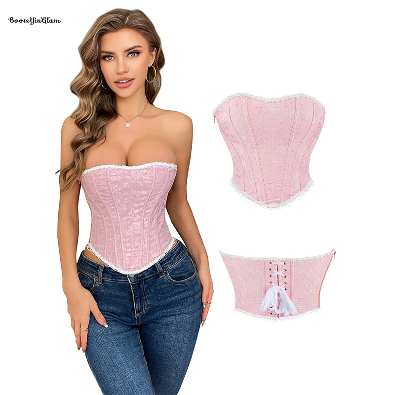 Side Zipper Back Tight Bustier Pink Vintage Cropped Top Ruffled Lace Trimmer Boned Women's Corset