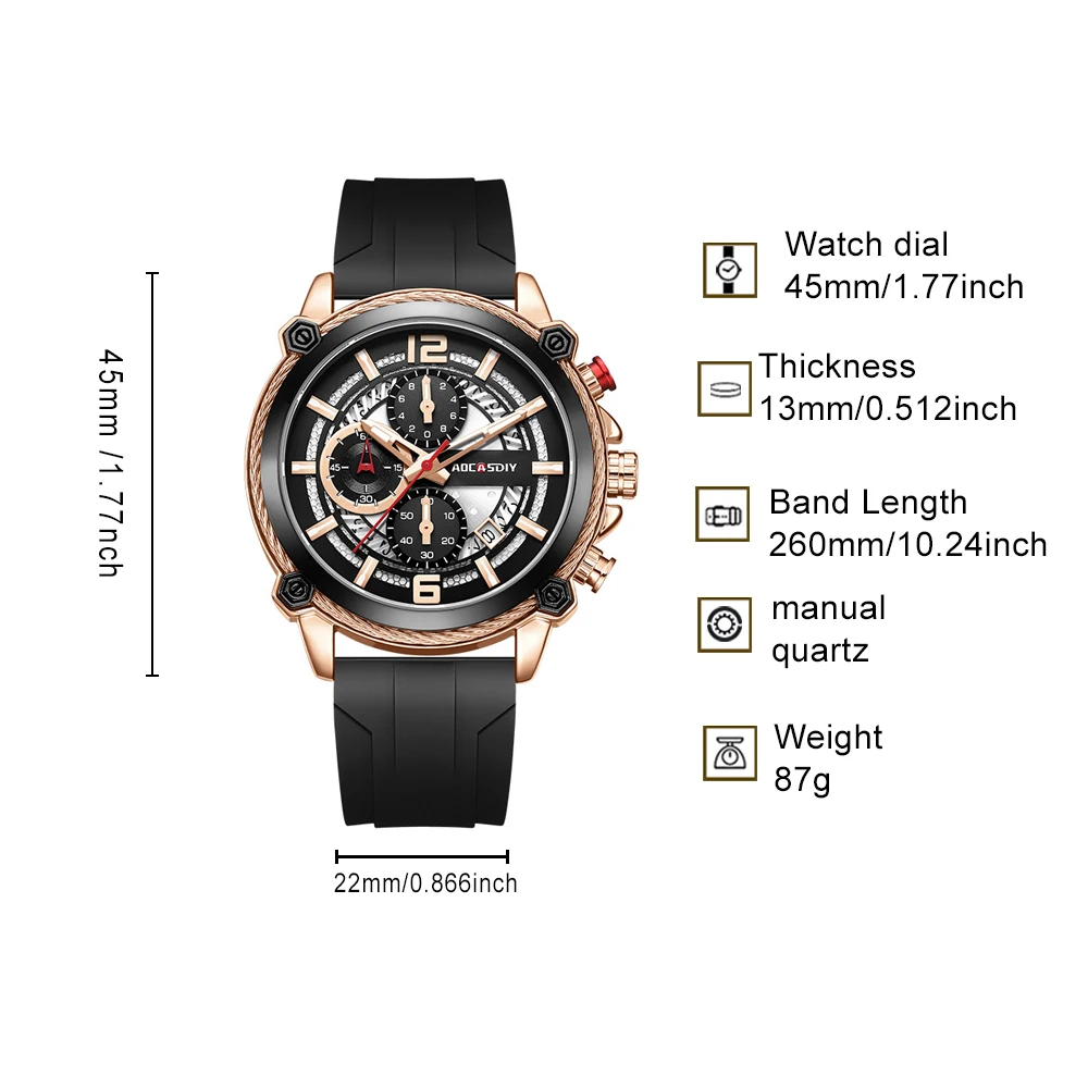 AOCASDIY Men's Quartz Watch Night Light Waterproof Multi functional Dial Single Date Window Sports Fashion Watch Gift for Friend