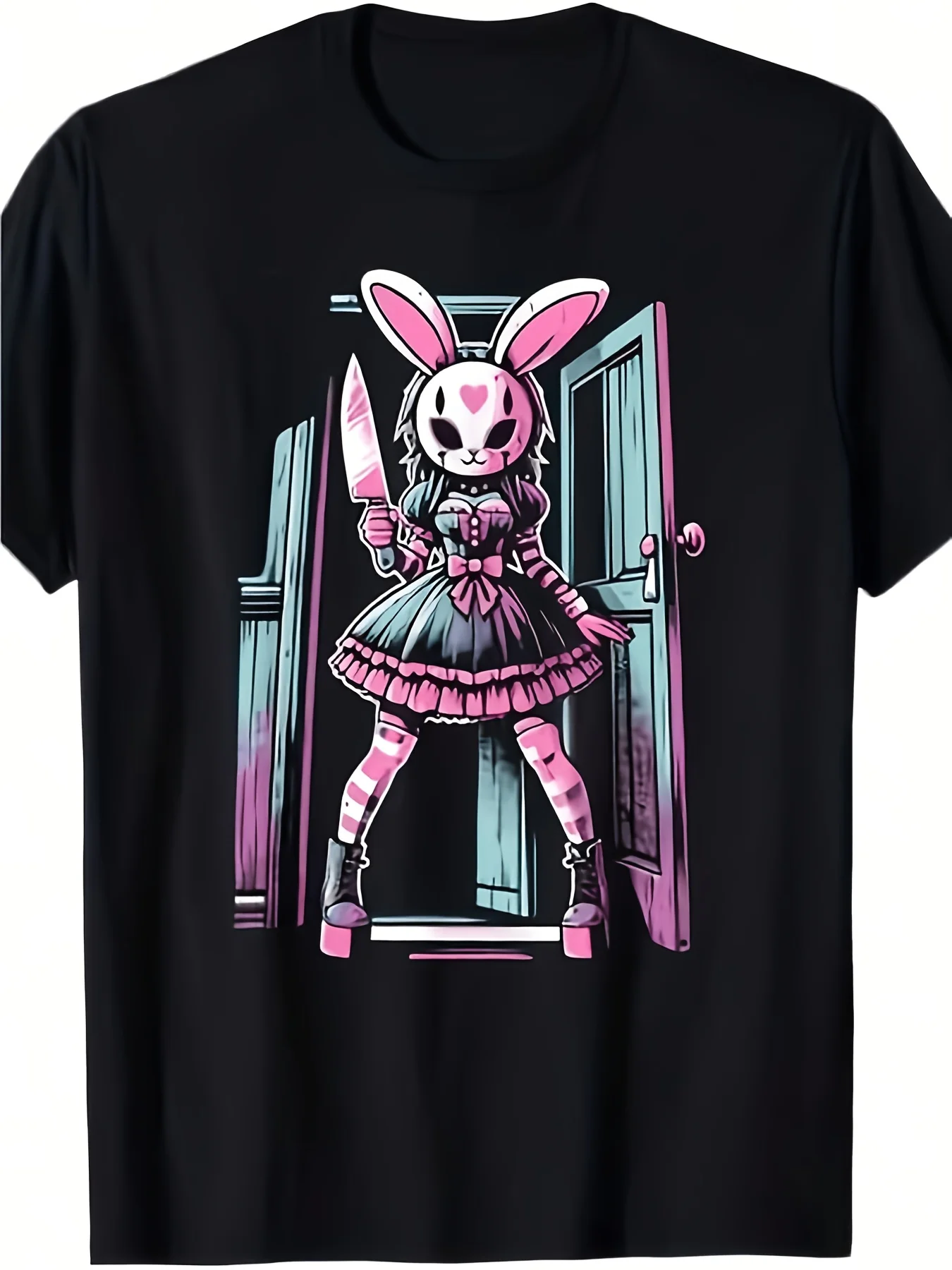 

Casual Crew Neck Tee Featuring a Gothic Rabbit Graphic, Complete with Pink Highlights and an Edgy Design of a Knife-Wielding Bunny This Regular Fit, Short-Sleeve Shirt Is Perfect for Year-Round Wear and Makes a Great Gift for Occasions Like Valentine's Da
