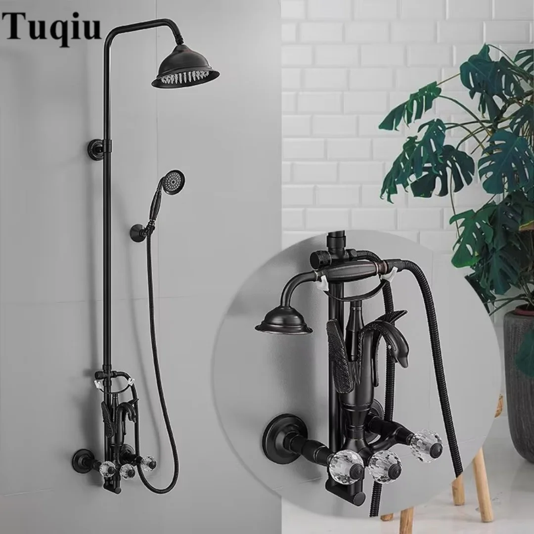 Tuqiu Bathroom Shower Faucet Set Gold Swan Bathroom Rainfall Shower Mixer Tap Black Oil Brushed Brass Bath and Shower Faucet Set