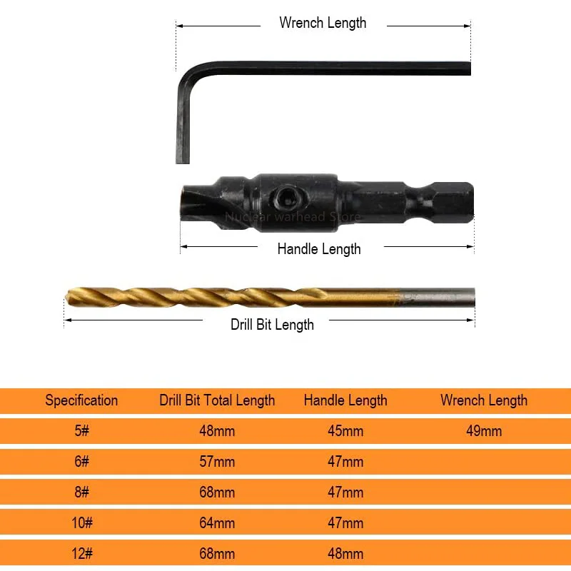6pcs Countersink Drill Woodworking Drill Bit Set Drilling Pilot Holes For Screw Sizes #5 #6 #8 #10 #12 With a wrench