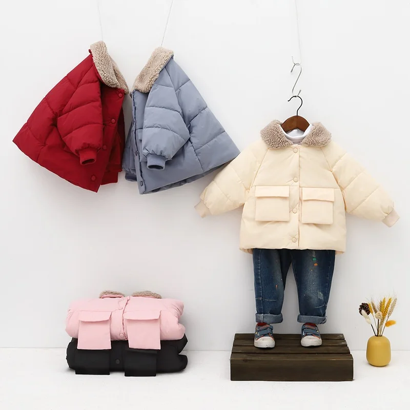 Autumn Winter Outerwear Girls Boys Warm Thicken Down Jackets Lamb Fleece Lapel Coats Kids Clothing 2022 New Down Cotton Jackets