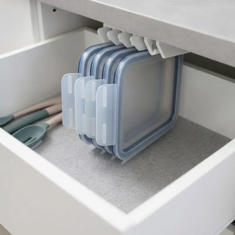 Under Cabinet Food Container Lid Organizer Drill Free 4 Slots Sturdy Plastic Kitchen Storage Holder for Pantry Cabinet Use