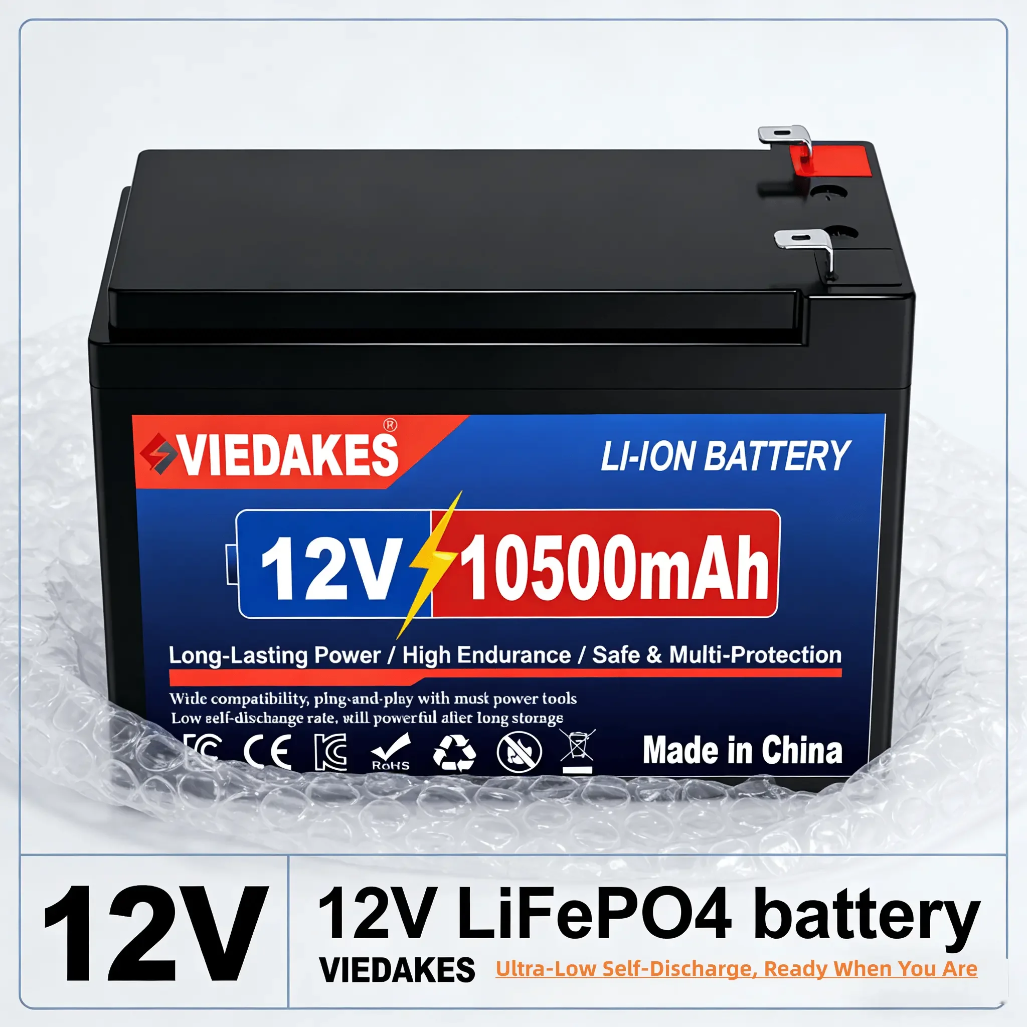 

Аккумулятор VIEDAKES 12В LiFePO4 3S7P 10.5Ач, 100% реальная емкость, с зарядным устройством и проводами, для эхолотов, светодиодных фонарей, кемпинга и активного отдыха