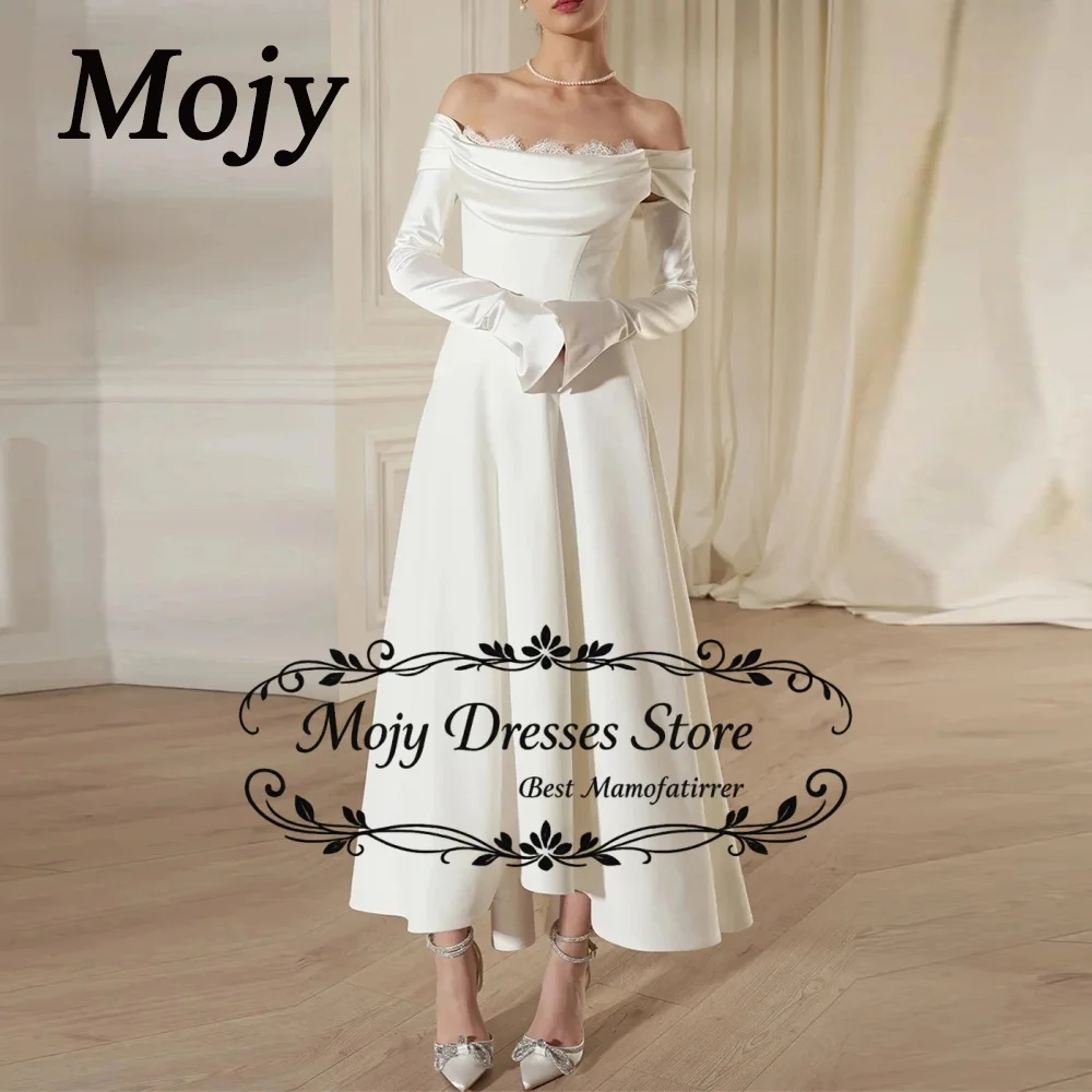 

Mojy Satin Wedding Dresses Ankle Length Bridal Gowns Lace Off-Shoulder Vestido De Noiva Custom Bride Dress 2026