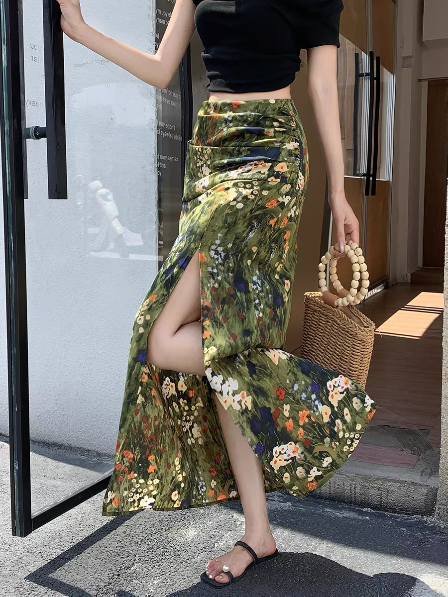 Women's 2026 Summer Vacation Floral Print Split Maxi Skirt – High Waist A-Line Flowy Long Skirt with Zipper, Draped & Versatile
