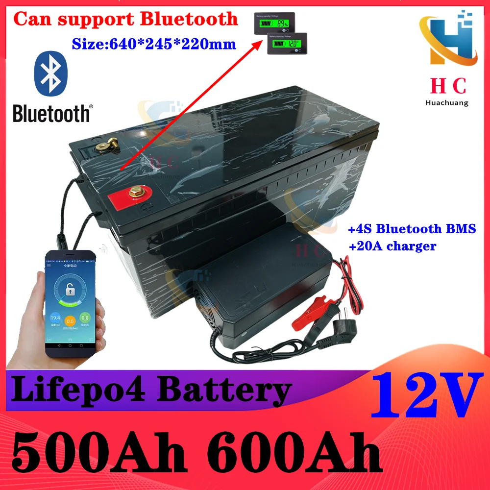 

12V 500AH 600Ah Lifepo4 battery lithium deep cycle with bluetooth BMS APP for Solar Storage trolling motor boat +20A charger