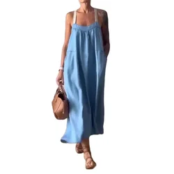 Women Cotton Linen Solid Color Dresses Side Pocket Backless Suspenders Dress Female Daily Comfortable Casual Commuter Gown 2024