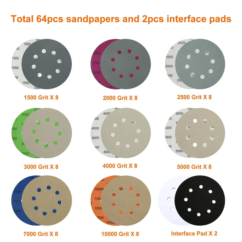 

COFA-64 Pcs Sanding Disc, 5Inch 8 Hole Sandpaper With 2 Interface Pads For Wet And Dry Polishing Of Automotive,Metal And Wood