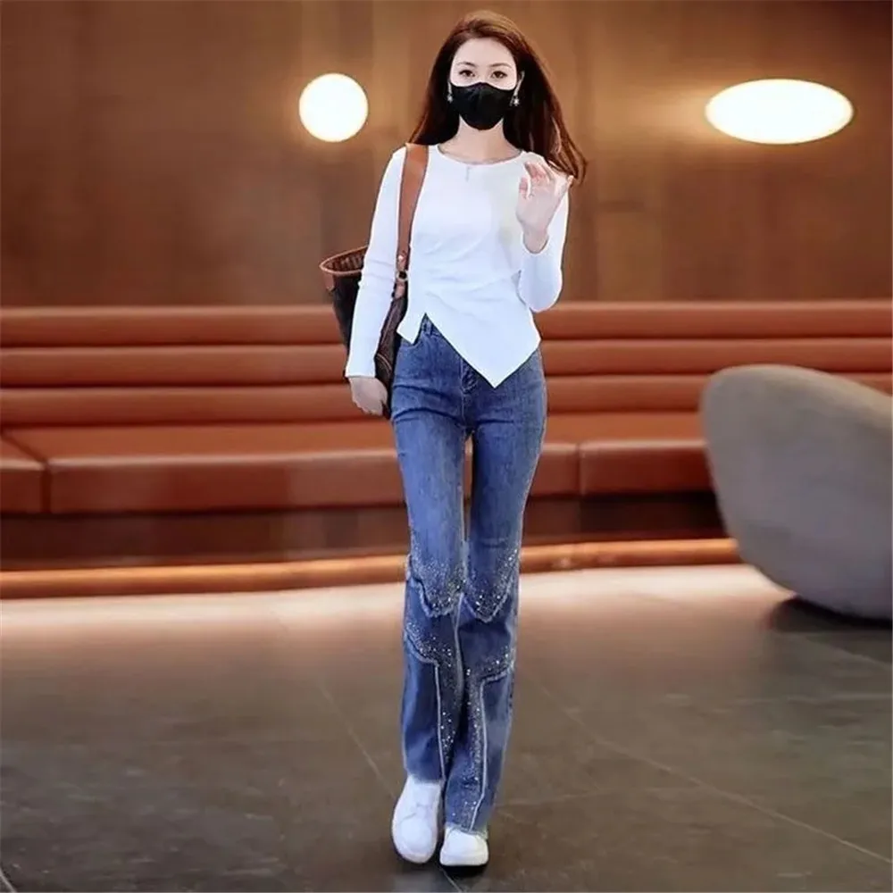 

Women'S High Waisted Tight Fitting Retro Contrasting Color Patchwork Hot Diamond New Horn Burr Edge Fashionable Versatile Jeans