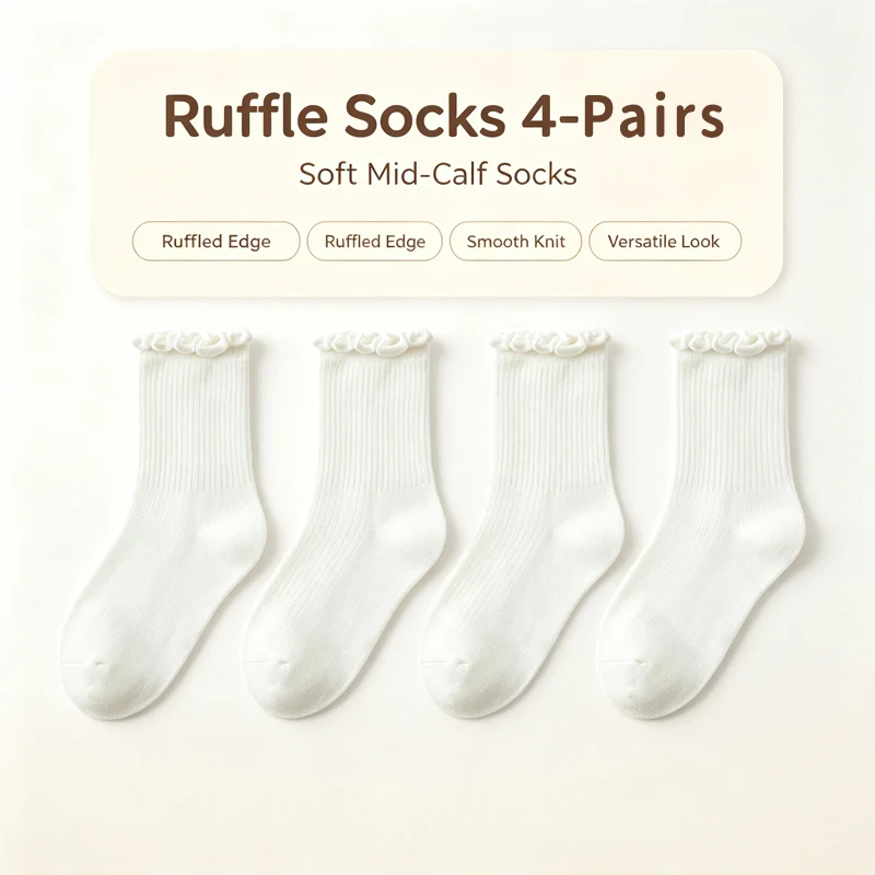 4 Pairs Kids Ruffle Mid-Calf Socks, Flat Knit Stretchy Soft Socks, All-Season Daily Wear Socks for Girls
