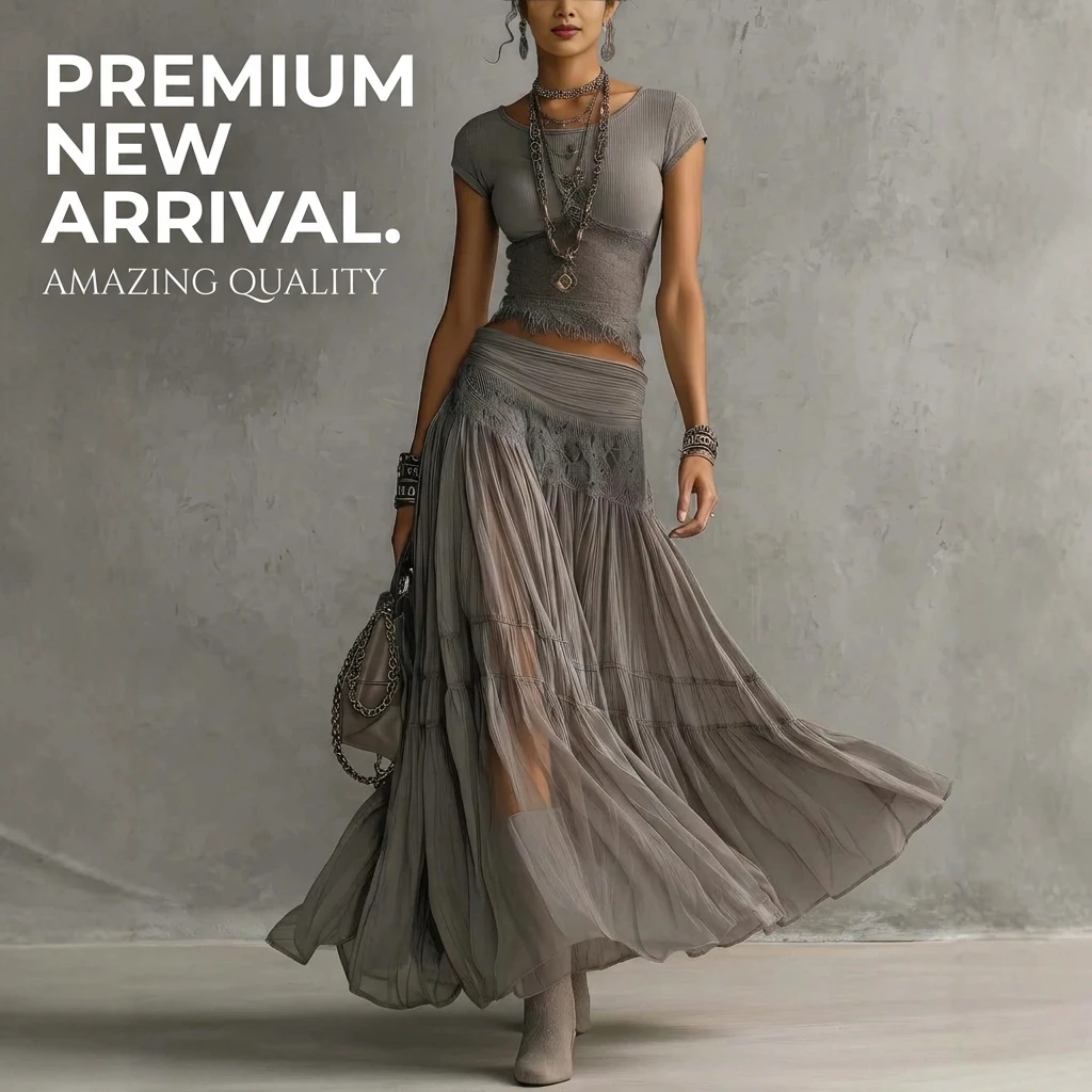 2 Piece Skirt Set Women Bohemian Grey Knit Top and Flowy Chiffon Pleated Maxi Skirt - view 2