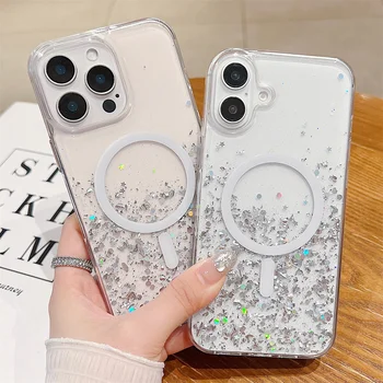 Lüks şeffaf Glitter yıldız lazer yumuşak telefon kılıfı için iPhone 16 Pro Max artı manyetik kablosuz şarj Magsafe için kapak