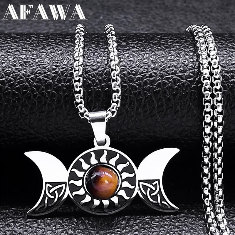 Witch Triple Moon Goddess Celtic Knot Necklace Stainless Steel Tiger Eye Wicca Trinity Pentagram Sun Necklaces Jewelry N7840S02