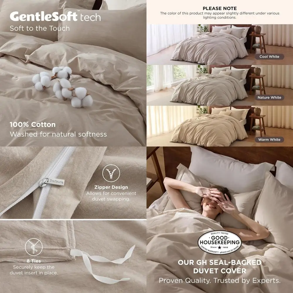 

100% Washed Cotton Duvet Cover Queen Size - Frosted Almond Minimalist Cotton Duvet Cover Linen Like for All Seasons - GentleSoft