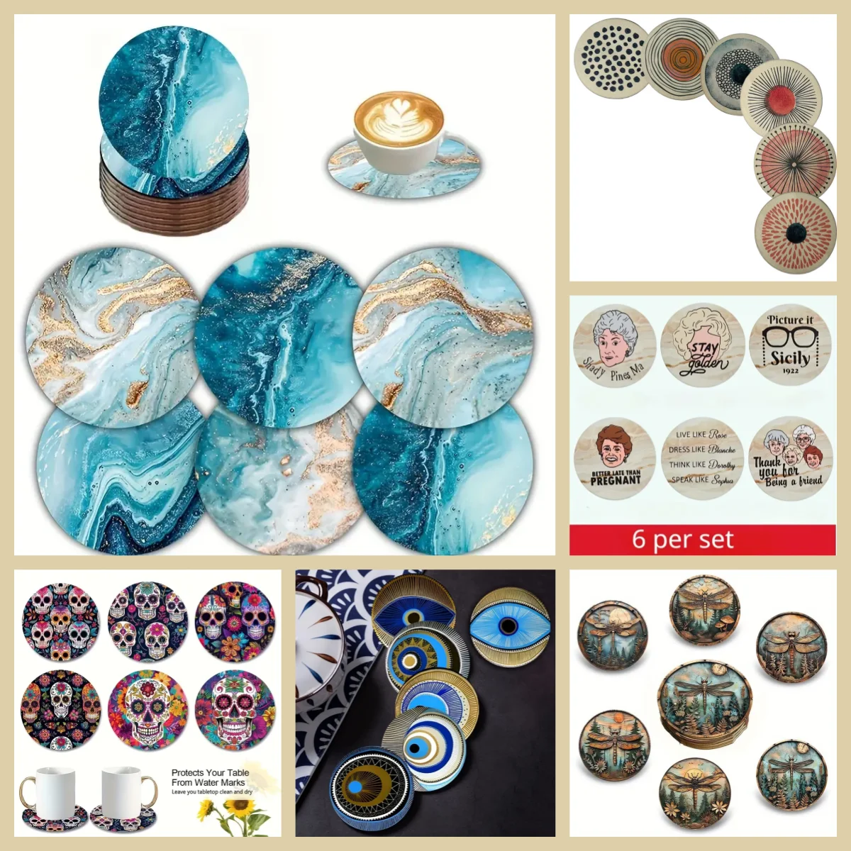 

6 cartoon/animal-patterned wooden anti-slip coasters without shelves, home and office coffee MATS, festival gifts