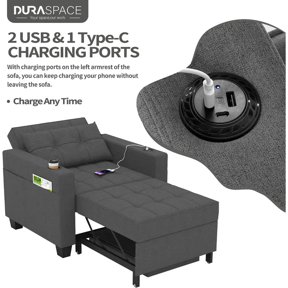Convertible Sleeper Chair, 3-in-1 Pull Out Soa Bed with USB Port, Cup Holders, Adjustable Backrest Chair Bed or Living Room, Bed - view 5