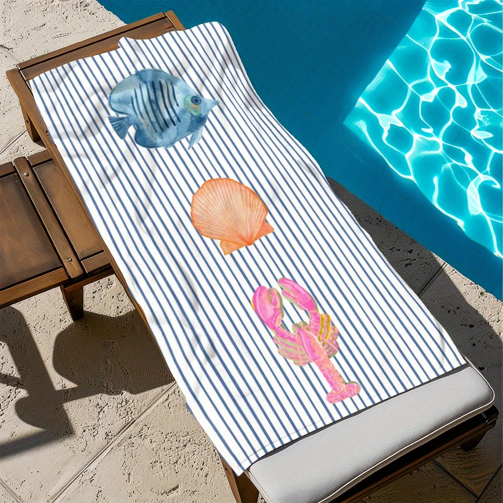 Custom Ocean Life Beach Towel Fish Shell Lobster Print Striped Microfiber Sand Free Bath Towel Quick Dry Soft Swim Pool