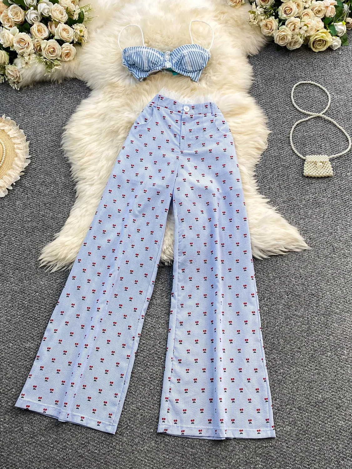 Beach Vacation Style Sexy Lace Striped Tube Top High Waist Cherry Print Long Pants Set Breathable Summer Fashion Ensemble