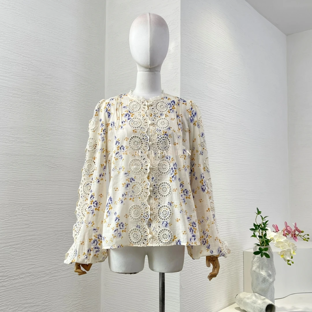 

Beige Floral Print Embroidery Long Sleeve Blouse Tops 2025 New
