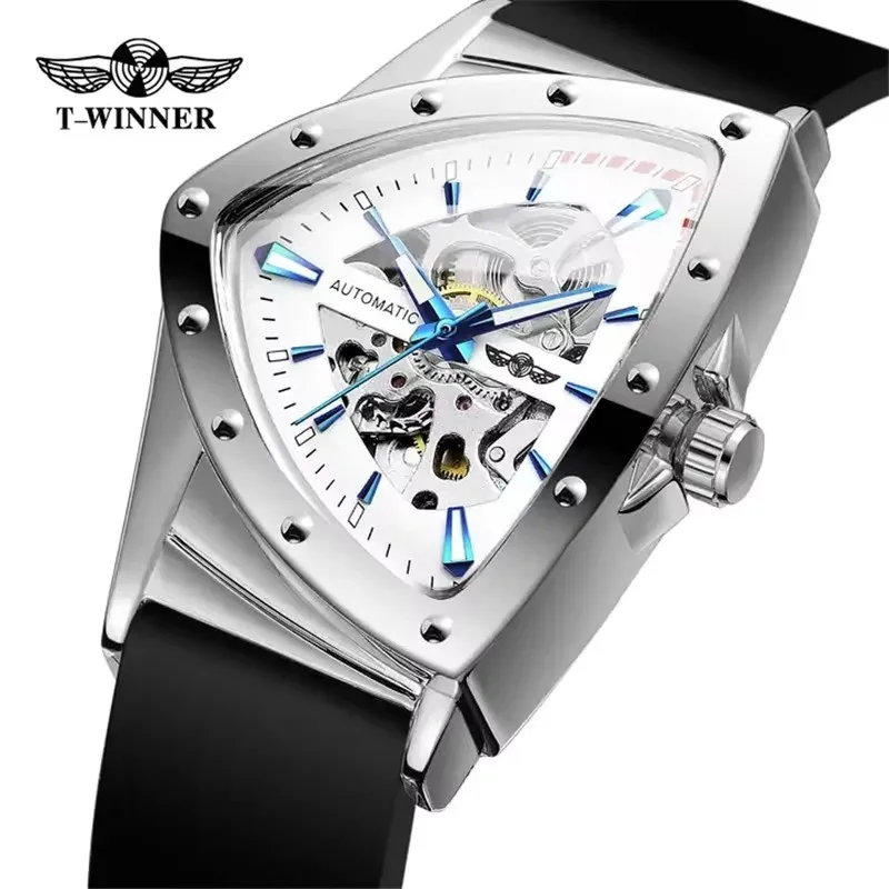 WINNER 395R Men's Automatic Mechanical Watch Fashion Creative Triangle Dial Luxury Business Silicone Strap Watches for Male