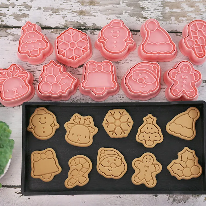 10Pcs/Set Christmas Biscuit Mold Snowflake Snowman Christmas Tree Bell Shape Cookie Cutter Stamp Fondant Cake Decoration Tools