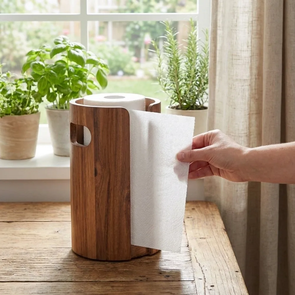 Cylindrical Shape Wooden Paper Towel Holder Freestanding Waterproof Vertical Paper Towel Rack Anti‑Splash