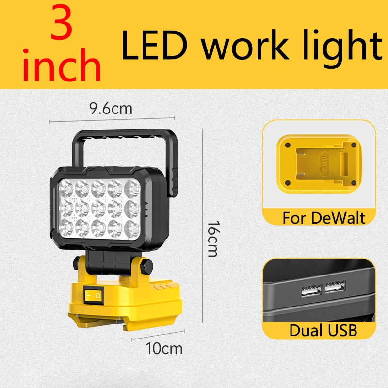 For Dewalt Cordless LED Light 3Inch searchlight With handle dual USB charging ports For Dewalt 18V Battery DCB200 DCB120 DCB201