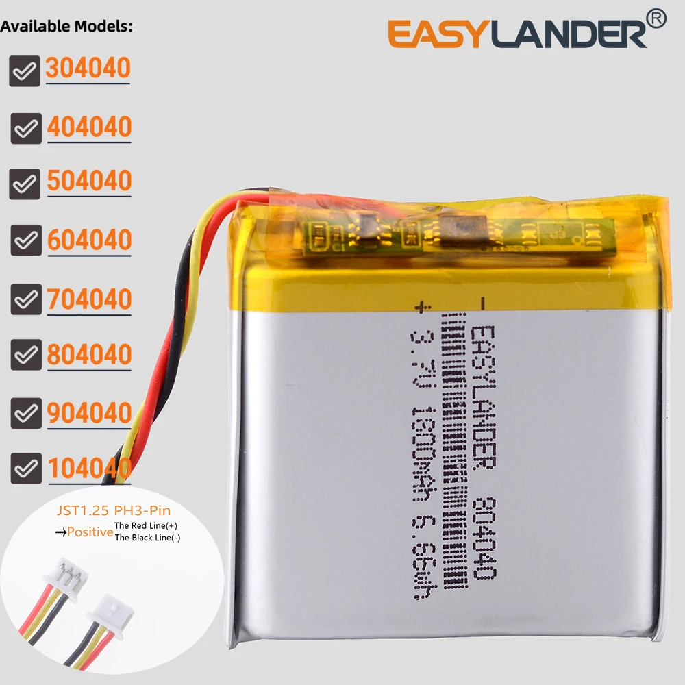 JST1.25mm 3Pin 604040 3.7V 1000mAh Lithium li polymère Li-ion batterie 304040 404040 504040 704040 804040 904040 104040