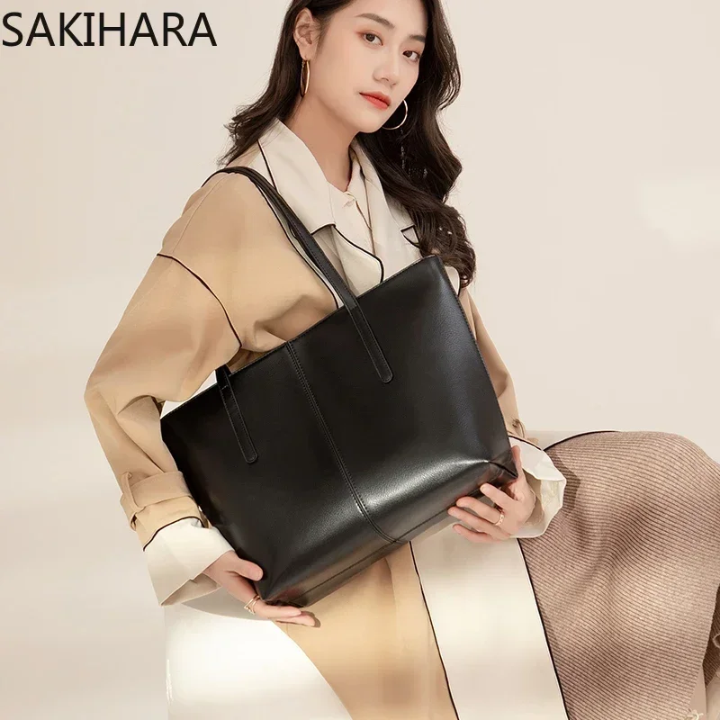 Shoulder Bag Solid Color Cow Leather Large Capacity Tote Bags for Women Casual All Match Kpop Soft Teenager Bolsos Para Mujer