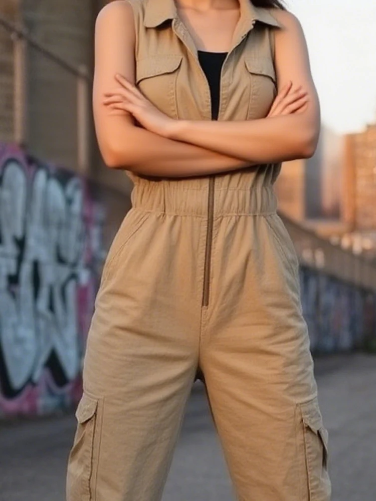 

Элегантный уличный длинный комбинезон с v-образным вырезом, женский повседневный свободный комбинезон без рукавов с карманами для вечеринок, 2026, модные однотонные комбинезоны на молнии