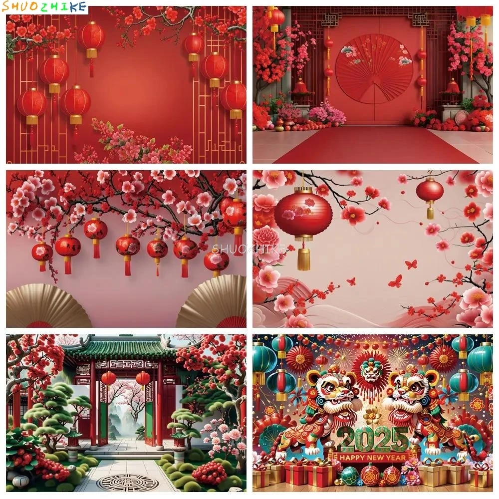 

Happy New Year 2025 Backdrop Photography Paper Fan Chinese Screen Lantern Photozone Background Baby Photo Studio Props