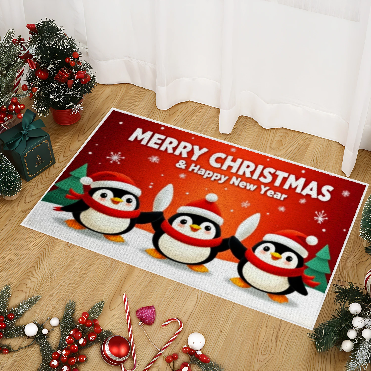 VIKAMA Christmas Doormat, Christmas Penguin Floor Mat, Easy-Clean Durable Non-Slip, Home Decor, Winter Holiday Decorative