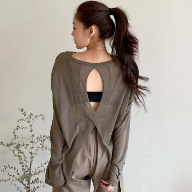 2024Sneaky Design Back Hollow KnitTT- Irregular Slit plus Size Loose Long Sleeve See-through Sun Protection Shirt Top