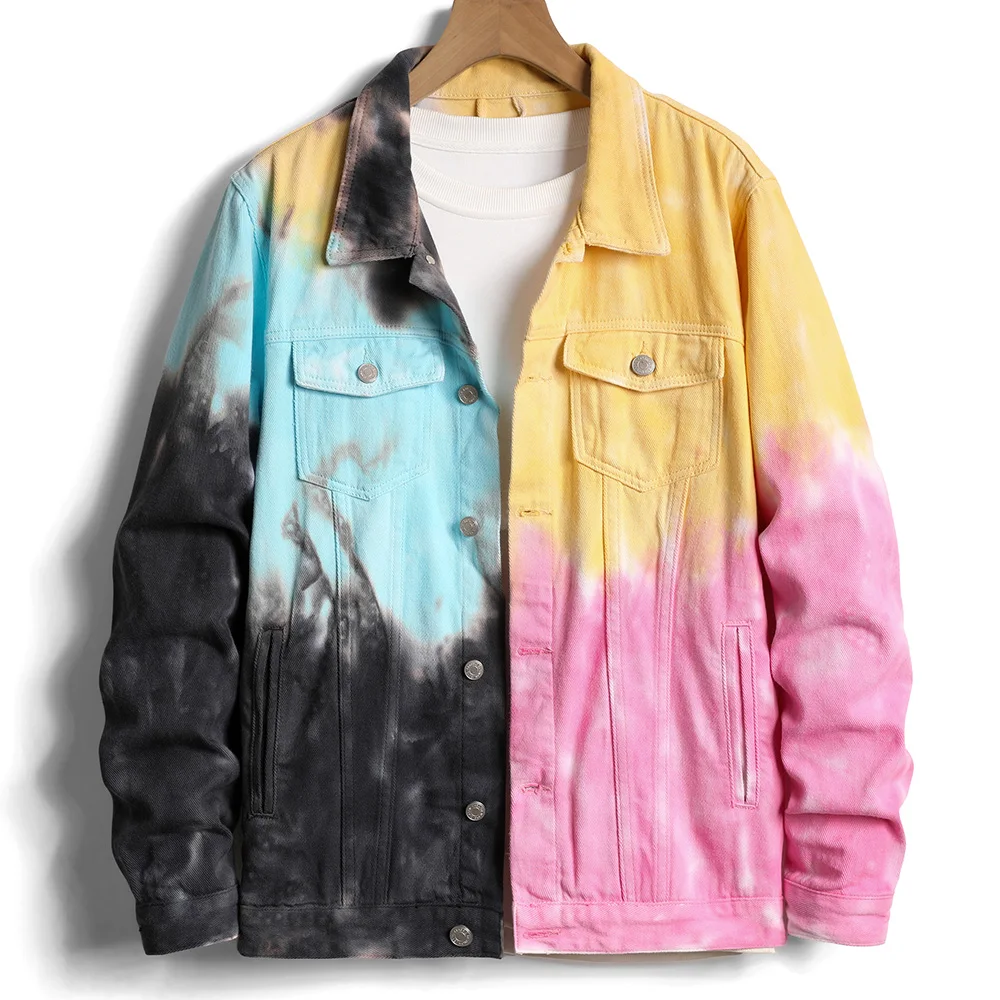 Men's Tie-Dyed Denim Jacket Fashion Fancy Colorful Cotton Loose Outerwear Casual Style Lapel Collar Coat
